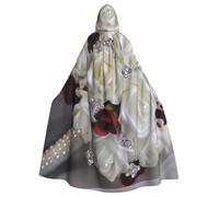 FodPand Halloween Hooded Cloak For Adults, White Silk Rose Wedding Flowers | Unisex Long Hooded Cape Robe, Witch Vampire Wizard Renaissance Medieval Cosplay Costume For Halloween Party Masquerade