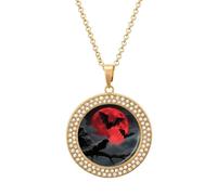 FodPand Halloween Moon Bat Diamond Necklace for Women Girlfriend Mom 20" Cable Chain Round Pendant Necklace Memorial Couple Friendship Jewelry Birthday Anniversary Wedding Keepsake Romantic Gifts