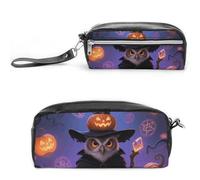 FodPand Halloween Owl Pumpkin Pencil Pouch Mini Makeup Bag with Handle - 7.8x3.9x2.1 Inches Durable Waterproof PU Leather, Large Capacity Portable Pencil Case for Office, Travel