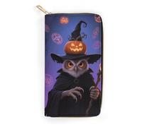 FodPand Halloween Owl Pumpkin Wallets for Men Women - PU Leather Zip Around Wallet with 4 Card Slots & 3 Cash Compartments, 7.8 X 4.1 Inch Large Capacity Long Purse for Travel