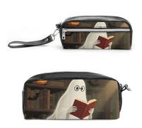 FodPand Halloween Spooky Ghost Reading Books Pencil Pouch Mini Makeup Bag with Handle - 7.8x3.9x2.1 Inches Durable Waterproof PU Leather, Large Capacity Portable Pencil Case for Office, Travel