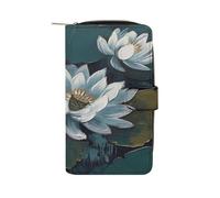 FodPand Hand Painted Lotus Leather Wallet Zipper Long Purse for Women Large Credit Card Holder for Work Travel Daily Use