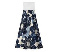 FodPand Hanging Kitchen Towels Set of 2 Navy Blue Flowers Hand Towel with Hanging Loop Dish Towel Soft Absorbent Bath Tie Towel for Bathroom Farmhouse