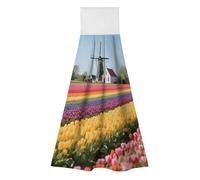 FodPand Hanging Kitchen Towels Set of 2 Tulip Rainbow Field Hand Towel with Hanging Loop Dish Towel Soft Absorbent Bath Tie Towel for Bathroom Farmhouse