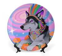 FodPand Hippie Wolf Bone China Decorative Plate with Display Stand Porcelain Wall Hanging Plate for Home Office Decor Elegant Round Ceramic Plates for Home Decor & Gift Idea 7inch