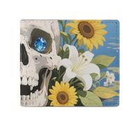 FodPand Human Skull Flowers Leaves Bifold Wallet for Men Women, 4.3"x3.7" Compact Leather Wallet with ID Window & Coin Pocket, Slim Minimalist Card Holder for Daily Carry & Travel