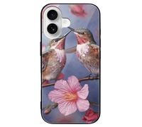 FodPand Humming Birds with Pink Phone Case for iPhone 16 Tempered Glass Hard Phone Protective Cover Anti-Scratch Shockproof Minimalist Aesthetic Case for Women & Men