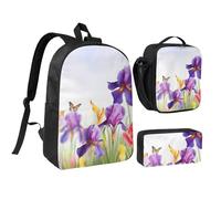 FodPand Iris Flower Butterfly Backpack Set 3 PCS - 17 Inch Laptop Backpack with Lunch Bag, Waterproof Daypack Insulated Lunch Box Large Capacity Coin Pouch Personalized Gift