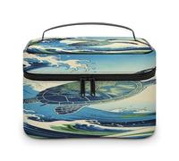 FodPand Japanese Waves And Turtles Makeup Bag with Makeup Brush Compartment Cosmetic Bag with Handle And Zipper Portable Organizer Bag for Daily, Camping, Traveling, Hotel