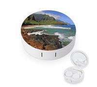 FodPand Kauai Hawaii Seashore Contact Lens Case Portable Contact Lens Applicator Removal Tool Kit Cute Round Eyeglass Cases with Mirror for Daily Vision Care And Outdoor Use