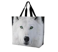 FodPand Large Tote Bag for Women - Foldable Reusable Grocery Bags Heavy Duty Cool White Wolf Shopping Bag with Handle