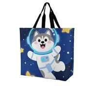 FodPand Large Tote Bag for Women - Foldable Reusable Grocery Bags Heavy Duty Cute Husky Astronauts on Space Shopping Bag with Handle