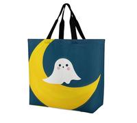 FodPand Large Tote Bag for Women - Foldable Reusable Grocery Bags Heavy Duty Ghost Sits on The Moon Shopping Bag with Handle