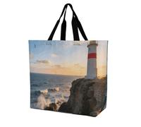 FodPand Lighthouse Reusable Grocery Bag with Pockets And Handle Lightweight Durable Shopping Bags Large Size Bag for Groceries Travel And Everyday Use 15.7x15.7x6.3 in