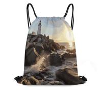 FodPand Lighthouse Rocks Seaside Drawstring Backpack Gym Trip Cinch Sack for Unisex Waterproof Shoe Bags for Travel Honeycomb Fabric Drawstring Bag 16x 20 Inch for Swimming Beach