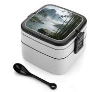 FodPand Listening to The River Outside The Bamboo Grove Bento Box,2 Stackable Bento Lunch Containers Lunchable Food Container with Utensil Adult Lunch Box for Dining Out, Work, Picnic
