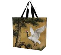 FodPand Longevity Is Like A Pine Crane Reusable Grocery Bag with Pockets And Handle Lightweight Durable Shopping Bags Large Size Bag for Groceries Travel And Everyday Use 15.7x15.7x6.3 in
