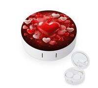 FodPand Love Red Hearts Contact Lens Case Portable Contact Lens Applicator Removal Tool Kit Cute Round Eyeglass Cases with Mirror for Daily Vision Care And Outdoor Use