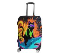 FodPand Luggage Cover for Suitcase 19-32 Inch Blacklight Cat Riding Shark Travel Suitcase Protector Vibrant Anti-Scratch Washable Luggage Sleeve with Funny Design, white, L, Blacklight Cat Riding