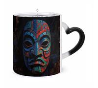 FodPand Magic 3D Colorful Tiki Mask Color Changing Mug 11 Oz Black Ceramic Heat Sensitive Coffee Cup Temperature Activated Mug for Hot Cocoa Tea Drinks Funny Novelty Gift for Coffee Lovers Men Women
