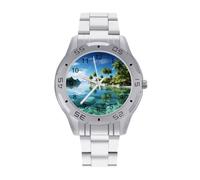 FodPand Men's Stainless Steel Three Hand Watch 40mm Case Business Dress | Beautiful Island, Big Face, Alloy Case, Scratch-Resistant Glass, Adjustable Bracelet, Deployment Clasp, Luminous Hands