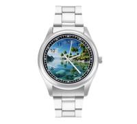 FodPand Men's Stainless Steel Three Hand Watch 40mm Case Business Dress | Beautiful Island, Big Face, Alloy Case, Scratch-Resistant Glass, Adjustable Bracelet, Deployment Clasp, Luminous Hands