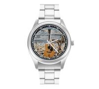 FodPand Men's Stainless Steel Three Hand Watch 40mm Case Business Dress | Guitar on The Beach, Big Face, Alloy Case, Scratch-Resistant Glass, Adjustable Bracelet, Deployment Clasp, Luminous Hands