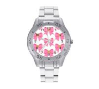 FodPand Men's Stainless Steel Three Hand Watch 40mm Case Business Dress | Pink Bow, Big Face, Alloy Case, Scratch-Resistant Glass, Adjustable Bracelet, Deployment Clasp, Luminous Hands