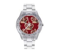 FodPand Men's Stainless Steel Three Hand Watch 40mm Case Business Dress | Red Crown, Big Face, Alloy Case, Scratch-Resistant Glass, Adjustable Bracelet, Deployment Clasp, Luminous Hands