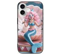 FodPand Mermaid Clown Phone Case for iPhone 16 Tempered Glass Hard Phone Protective Cover Anti-Scratch Shockproof Minimalist Aesthetic Case for Women & Men Black