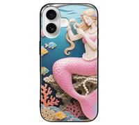 FodPand Mermaid Coral Comb Phone Case for iPhone 16 Tempered Glass Hard Phone Protective Cover Anti-Scratch Shockproof Minimalist Aesthetic Case for Women & Men