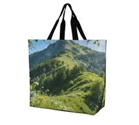 FodPand Mountain in The Summer Reusable Grocery Bag with Pockets And Handle Lightweight Durable Shopping Bags Large Size Bag for Groceries Travel And Everyday Use 15.7x15.7x6.3 in