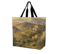 FodPand Mountain Landscape of Tivoli Reusable Grocery Bag with Pockets And Handle Lightweight Durable Shopping Bags Large Size Bag for Groceries Travel And Everyday Use 15.7x15.7x6.3 in