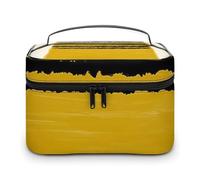 FodPand Mustard Yellow Lines Makeup Bag,Portable Large Capacity Travel Cosmetic Bag Adjustable Lightweight Hand-held Makeup Box for Women Daily Use