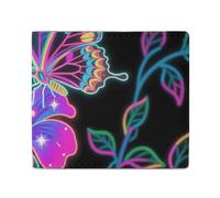 FodPand Neon Butterfly Bifold Wallet for Men Women, 4.3"x3.7" Compact Leather Wallet with ID Window & Coin Pocket, Slim Minimalist Card Holder for Daily Carry & Travel