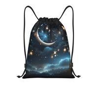 FodPand Nightsky Hanging Moon Stars Drawstring Backpack Sports Gym Sackpack Waterproof Swim Bag Men Women Draw String Bag, Black, S