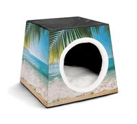 FODPAND Ocean Sea Beach Palm Leaves Cat Bed Cave for Small Dog Cat House 3-in-1 Foldable Cats Beds with Removable Washable Cushioned Pillow Covered Cave Pet Tents with Non-Slip Bottom