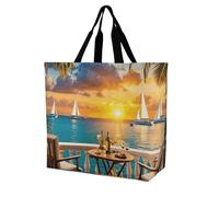 FodPand Ocean Sunset Sea Reusable Grocery Bag with Pockets And Handle Lightweight Durable Shopping Bags Large Size Bag for Groceries Travel And Everyday Use 15.7x15.7x6.3 in