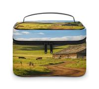 FodPand Old Houses And The Pastureland Makeup Bag with Makeup Brush Compartment Cosmetic Bag with Handle And Zipper Portable Organizer Bag for Daily, Camping, Traveling, Hotel