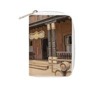 FodPand Old Wild West Cowboy Town Credit Card Holder Compact Leather Card Wallet Zipper Portable Id Purse 20 Cards Slots