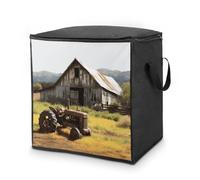 FodPand Old Wooden Barn with Rusted Tractor Storage Bins 70L Large Capacity Clothes Storage Bags with Handles, Blanket Organizer Heavy Duty Closet Organizers for Clothing Comforters Pillows Bedding