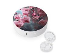 FodPand Orchid Flower Butterfly Soft Fresh Spring Contact Lens Case Portable Contact Lens Applicator Removal Tool Kit Cute Round Eyeglass Cases with Mirror for Daily Vision Care And Outdoor Use