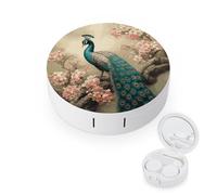 FodPand Oriental Peacock on Flower Tree Contact Lens Case Portable Contact Lens Applicator Removal Tool Kit Cute Round Eyeglass Cases with Mirror for Daily Vision Care And Outdoor Use
