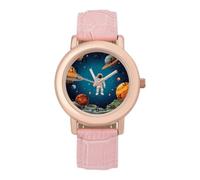 FodPand Outer Space Rocket Astronaut Watch for Women Leather Strap Watch | Cute Pink Minimalist Analog Wristwatch, Elegant Casual Dress Watches Fashion Ladies Band Watches for Party Daily Wear & Gift