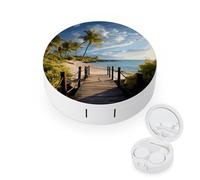 FodPand Palm Trees Beach Sea Ocean Contact Lens Case Portable Contact Lens Applicator Removal Tool Kit Cute Round Eyeglass Cases with Mirror for Daily Vision Care And Outdoor Use