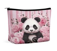 FodPand Panda Rose Flowers Pink White Stripe Makeup Bag Portable Travel Makeup Pouch Cosmetic Bags Zipper Bag Small Toiletry Pouch For Women