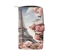 FodPand Paris Eiffel Tower Flower Leather Wallet Zipper Long Purse for Women Large Credit Card Holder for Work Travel Daily Use