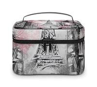 FodPand Paris Street Eiffel Tower Pink Floral Makeup Bag,Portable Large Capacity Travel Cosmetic Bag Adjustable Lightweight Hand-held Makeup Box for Women Daily Use
