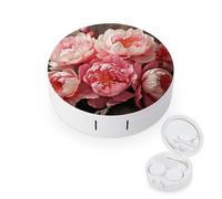 FodPand Peony Flowers Blossom Contact Lens Case Portable Contact Lens Applicator Removal Tool Kit Cute Round Eyeglass Cases with Mirror for Daily Vision Care And Outdoor Use