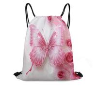 FodPand Pink And White Butterfly Drawstring Backpack Gym Trip Cinch Sack for Unisex Waterproof Shoe Bags for Travel Honeycomb Fabric Drawstring Bag 16x 20 Inch for Swimming Beach